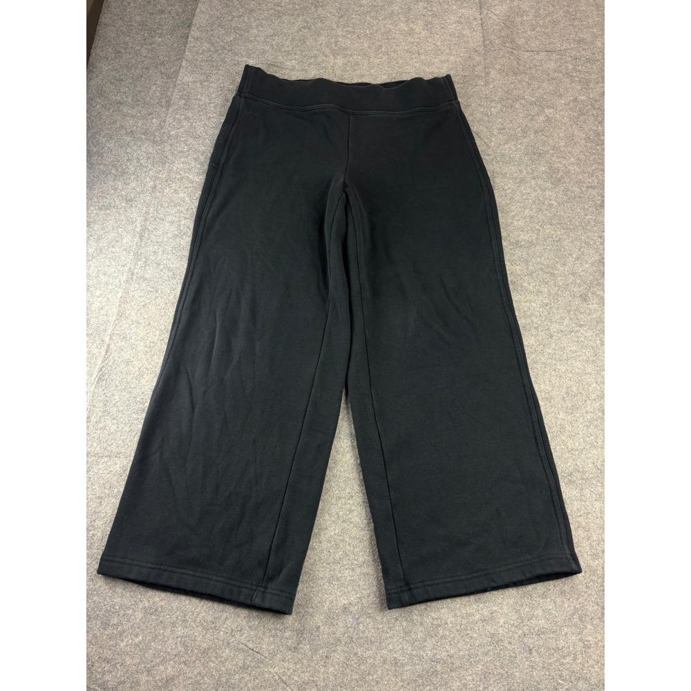 Lands End Serious Sweats Black Wide Leg Crop Fleece Pants L 14-16 SEE